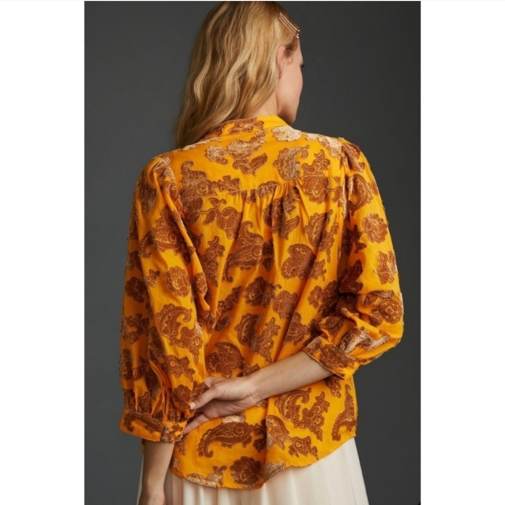 Anthropologie Pilcro Velvet Floral Appliqued Blouse Top In Gold Yellow - Picture 3 of 9